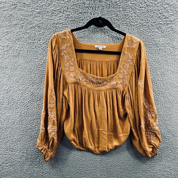 American Eagle Outfitters Tops - American Eagle Women Top M Mustard Embroidered Boho Peasant Cottagecore Y2K